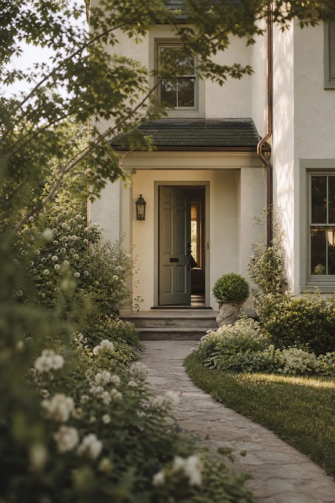 Wohnhaus mit Garten im Morgenlicht