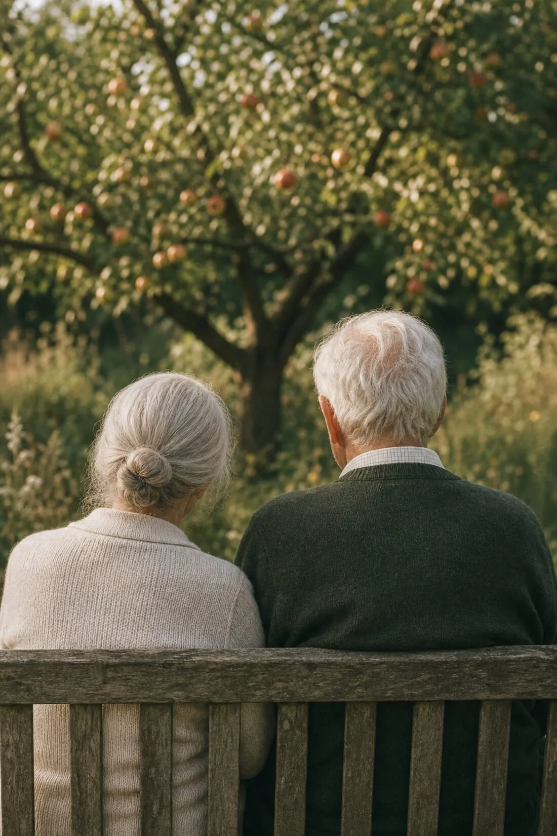 Älteres Paar von hinten auf einer Gartenbank
