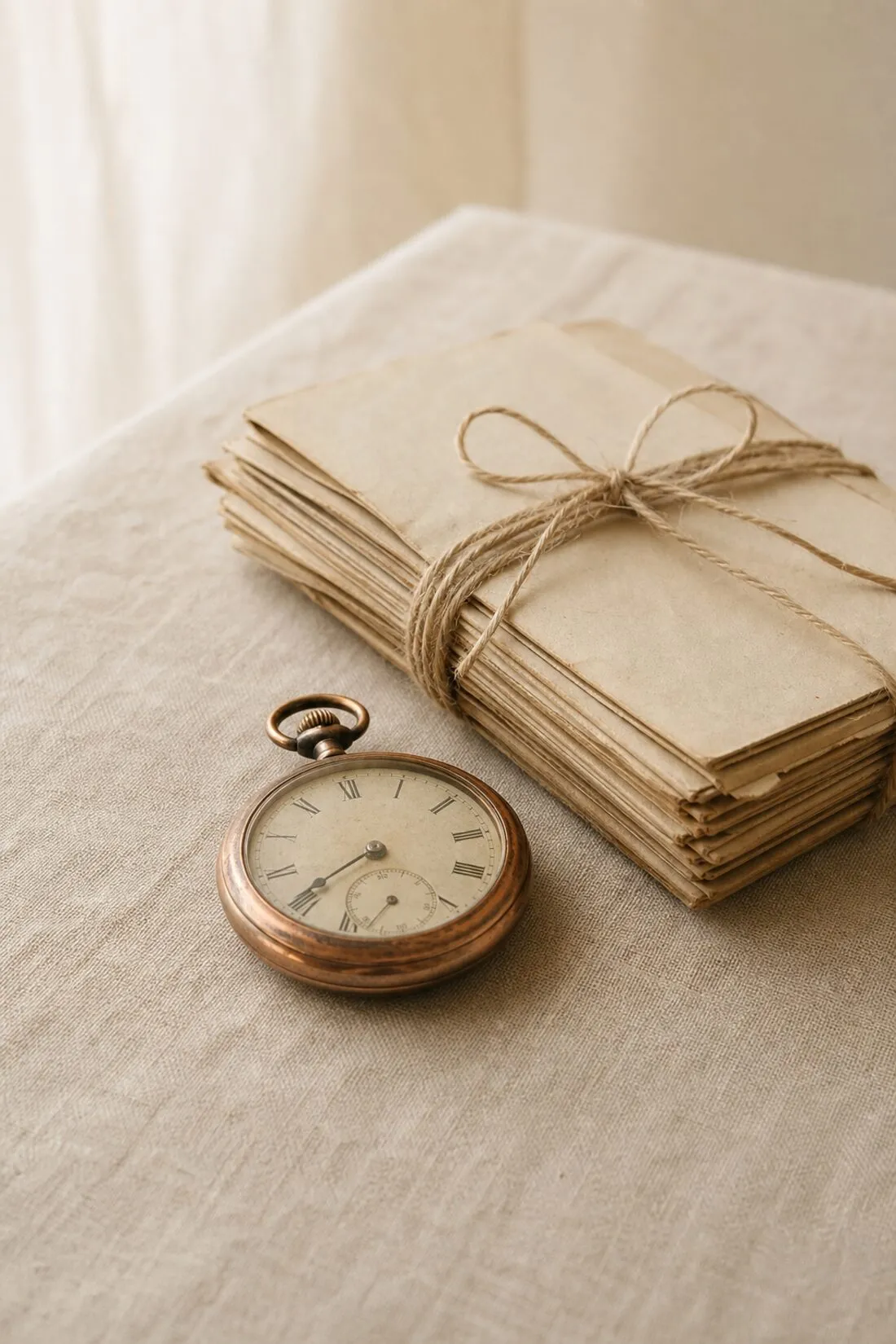 Taschenuhr und gebündelte Briefe auf Leinen